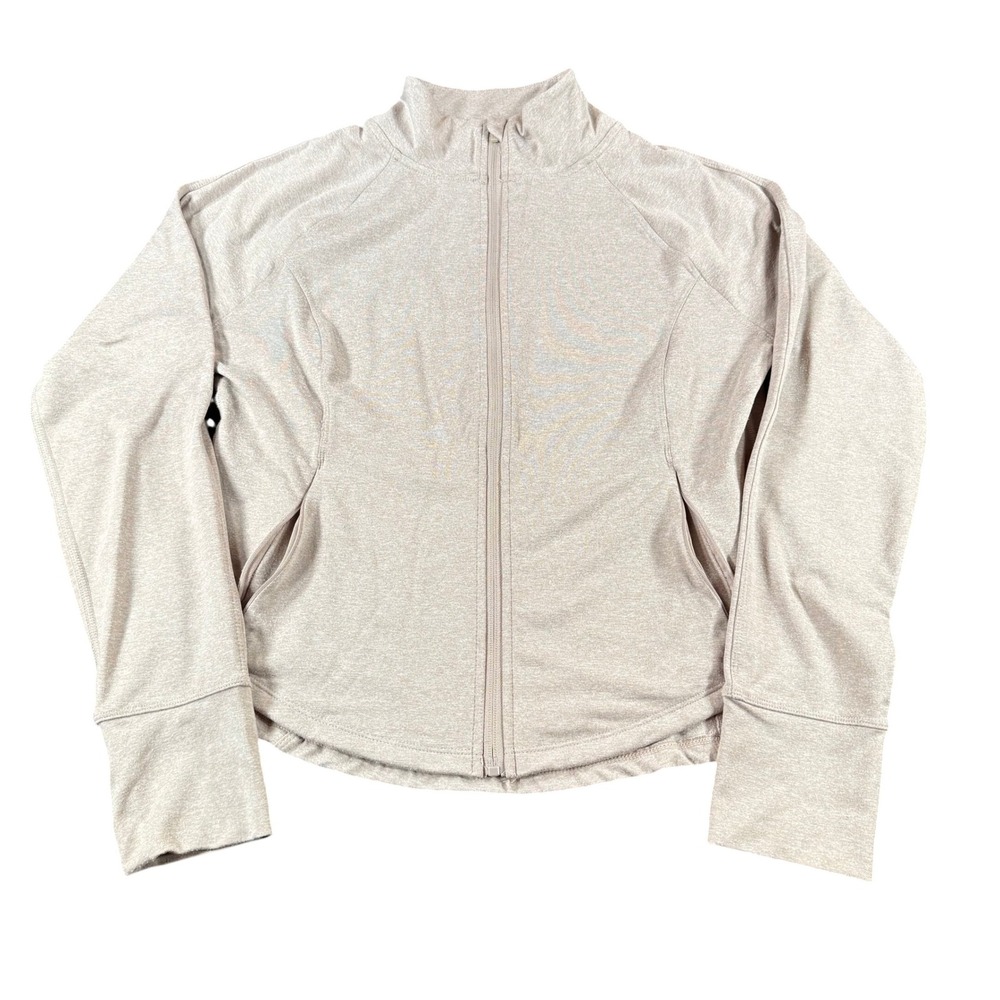 Danskin Womens Tan Heathered Full Zip Active Jacket Mock Neck Thumbholes Large